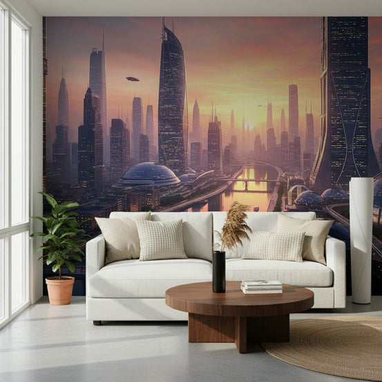Future Metropolis wallpaper mural of a sci-fi sunset skyline behind a white sofa and round wood table in a lounge