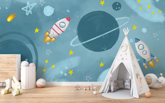 Galactic Adventure wallpaper mural with rockets and a ringed planet behind a white teepee in a kids room