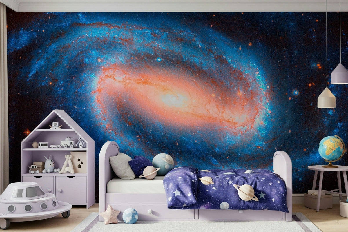 Galaxy Dream wallpaper mural of a blue spiral galaxy with a glowing core in a kids room with a lilac bed