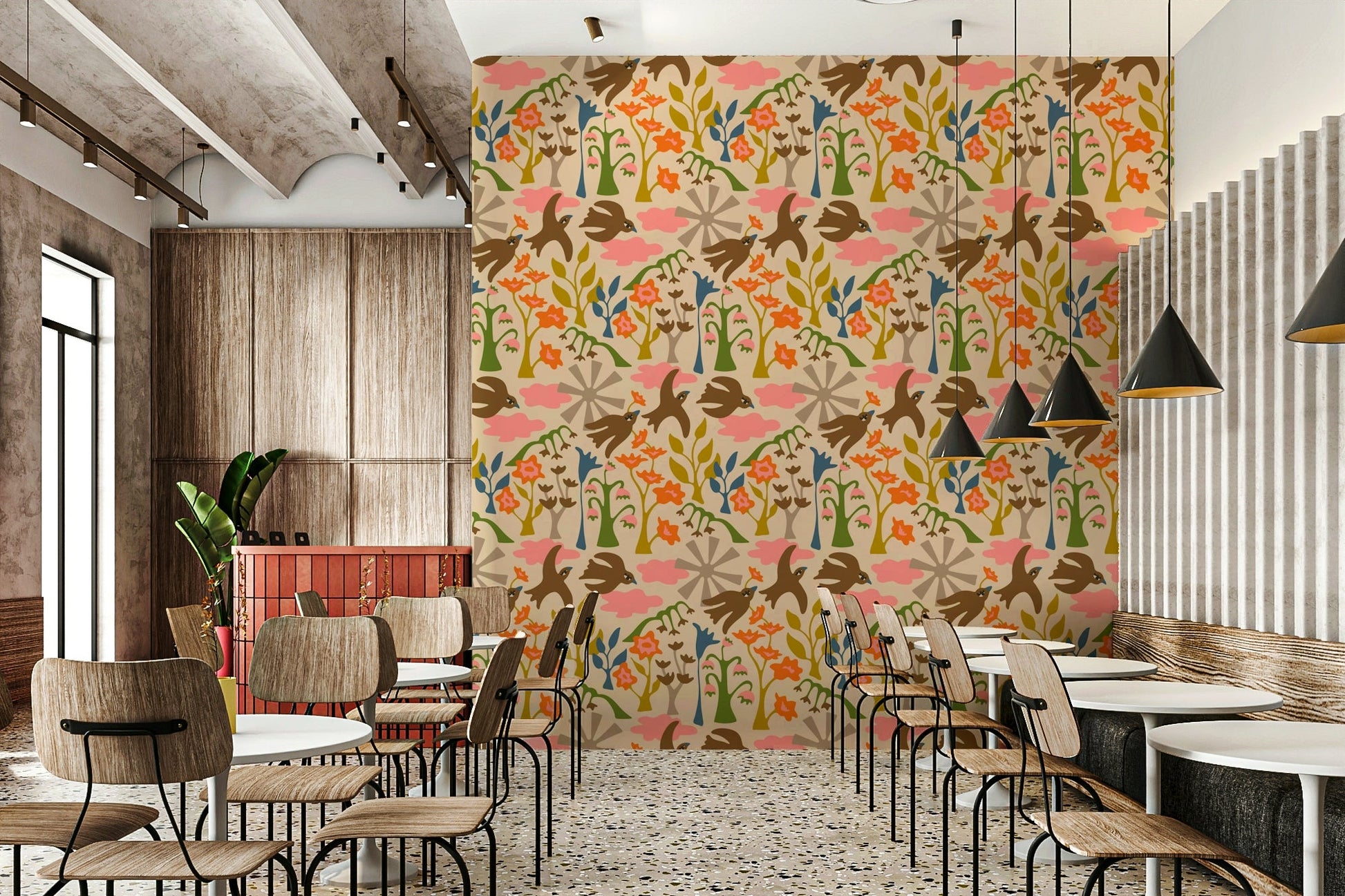 Garden birds wallpaper with summer floral pattern

