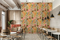 Garden birds wallpaper with summer floral pattern

