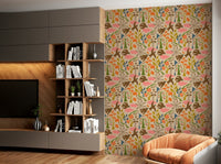 Folk art bird and flower wallpaper in warm palette


