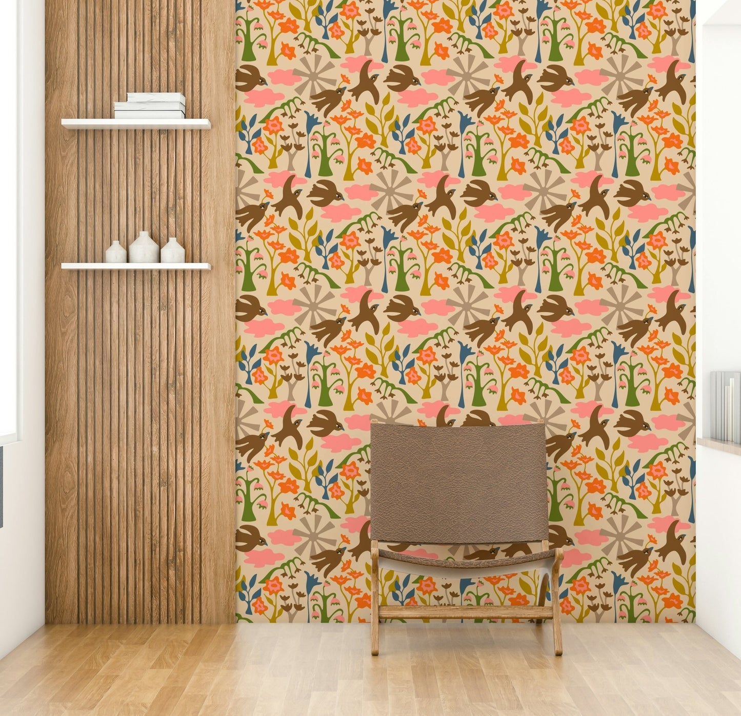 Stylized flowers and birds in pink, green, and brown

