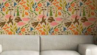 Earthy wallpaper with flying birds and bright florals

