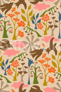 Garden-themed wallpaper with cheerful birds and blooms

