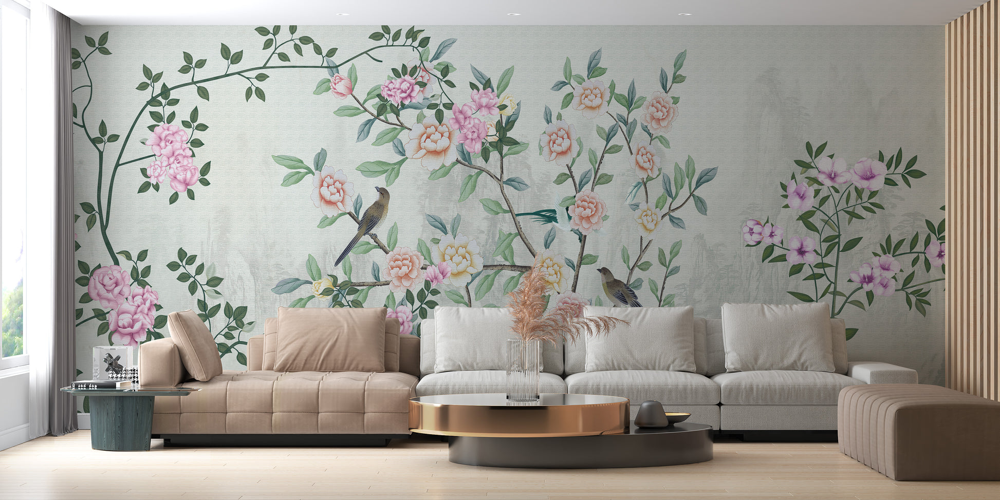 Garden Flowers Based wallpaper mural styled along a hallway feature wall near a console in green tones