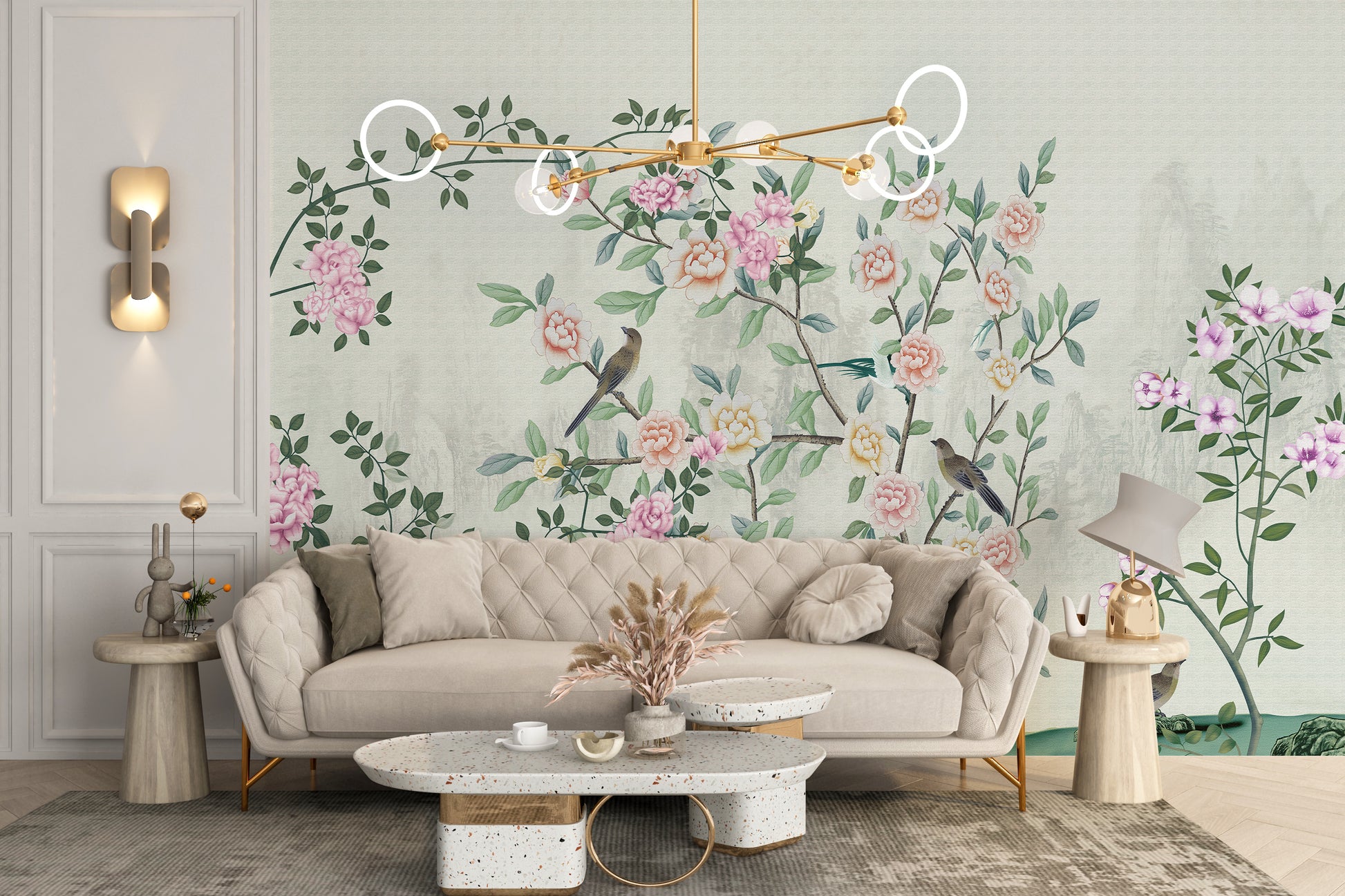Garden Flowers Based wallpaper mural as a feature wall in a home office workspace in green tones