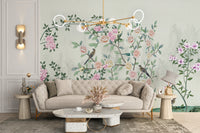 Garden Flowers Based wallpaper mural as a feature wall in a home office workspace in green tones