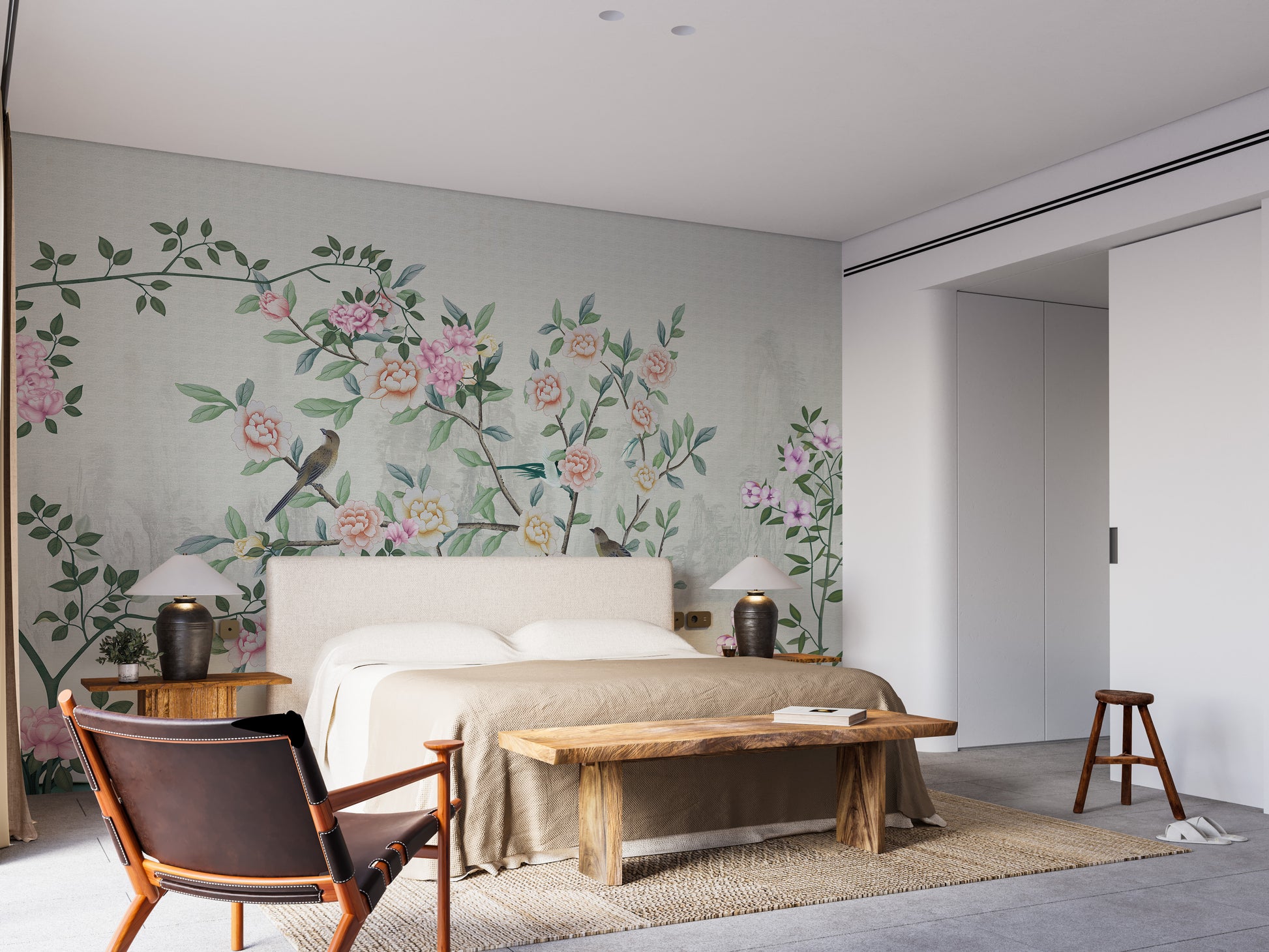 Garden Flowers Based wallpaper mural styled as a feature wall behind a dining table and chairs in green tones