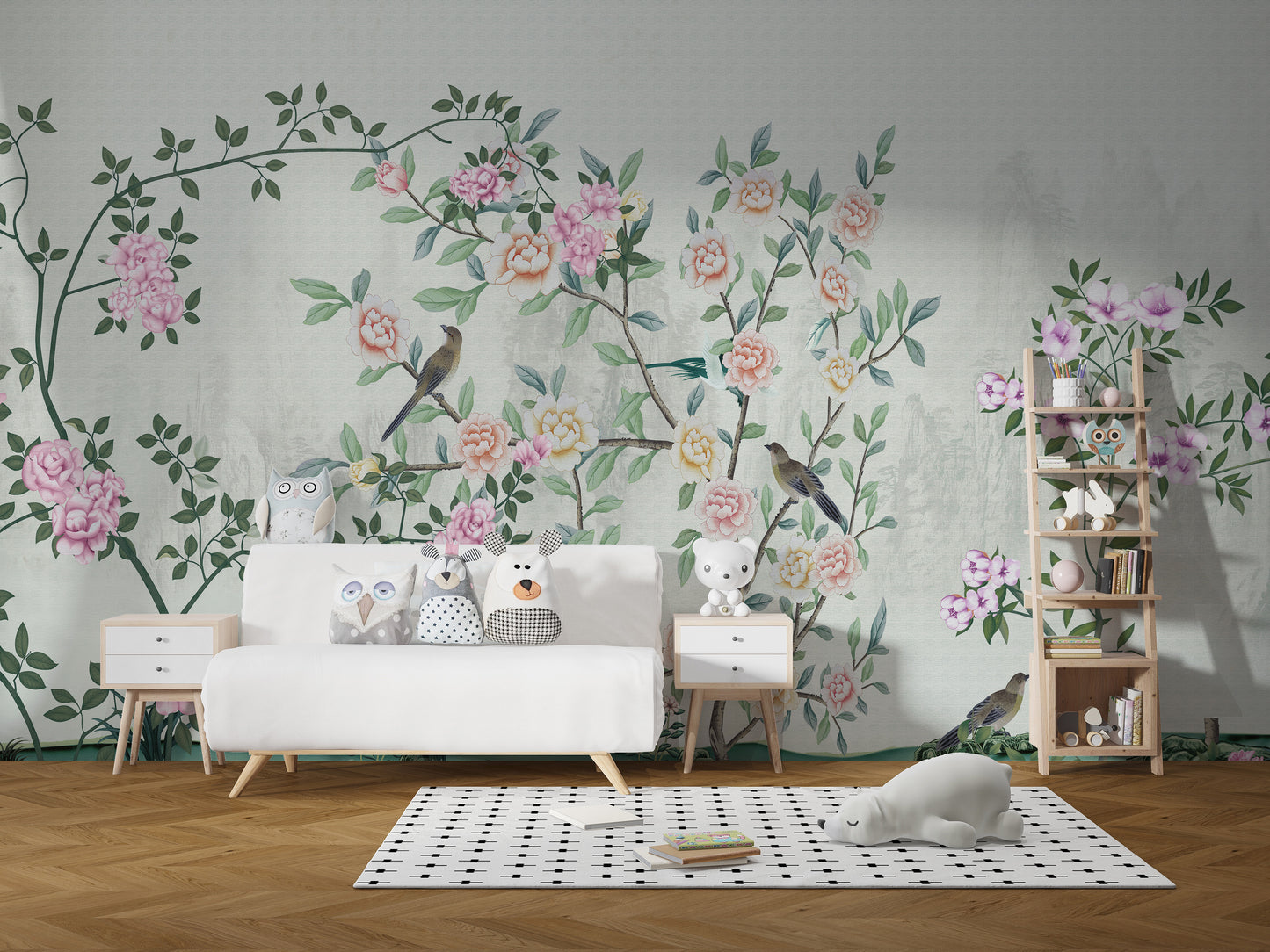 Garden Flowers Based wallpaper mural as a bedroom feature wall behind the headboard in green tones