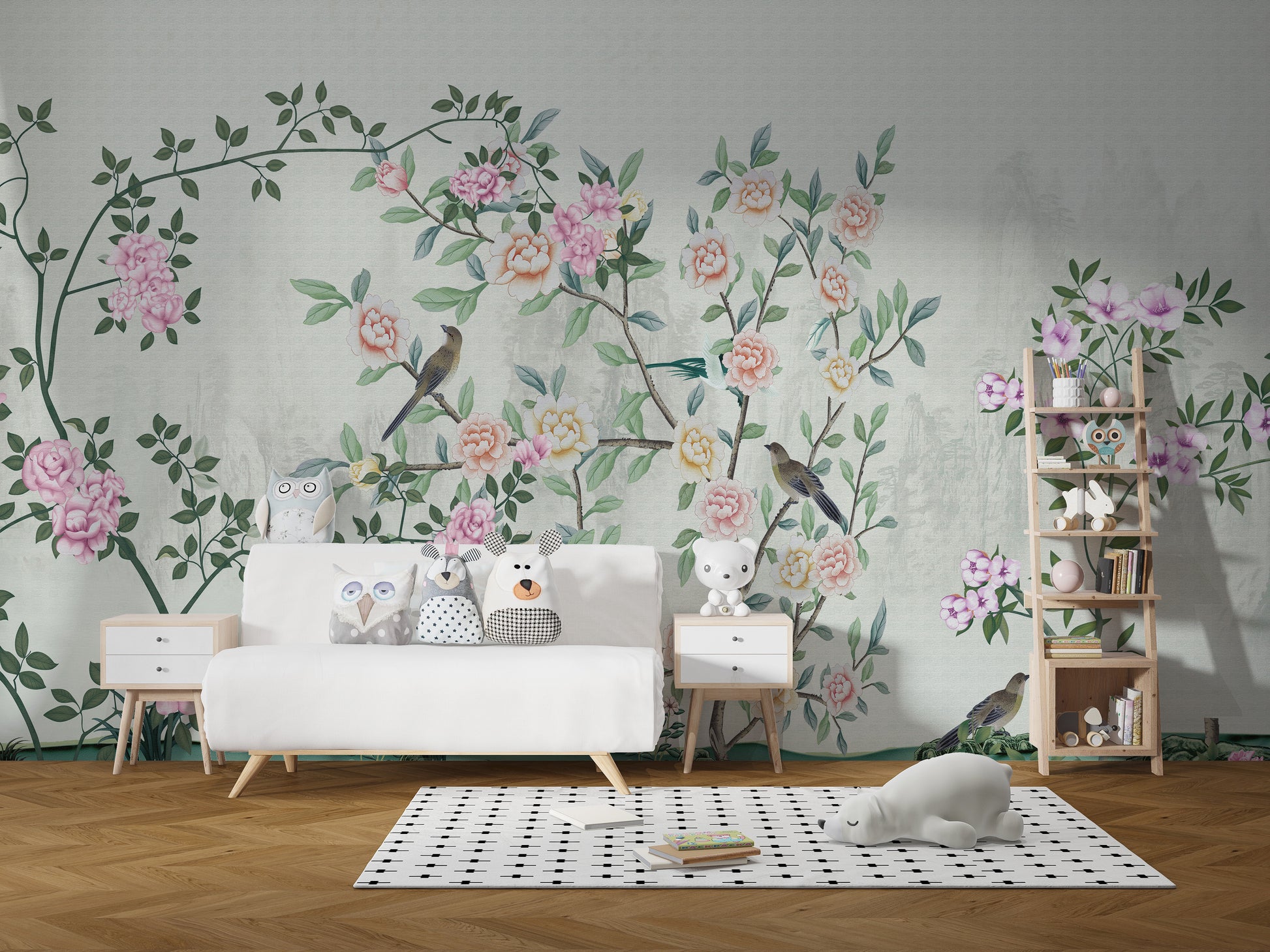 Garden Flowers Based wallpaper mural as a bedroom feature wall behind the headboard in green tones