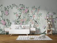Garden Flowers Based wallpaper mural as a bedroom feature wall behind the headboard in green tones