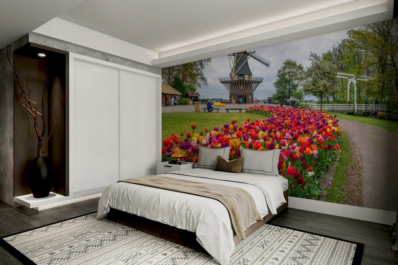 Garden wall mural with tulips and Dutch windmill

