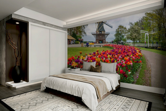 Garden wall mural with tulips and Dutch windmill

