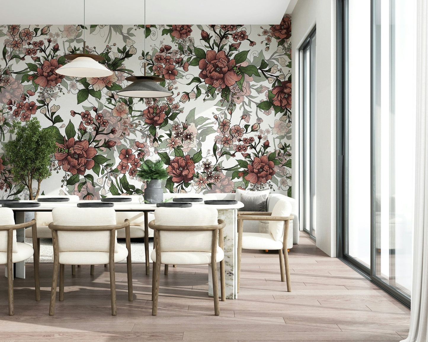 Intricate botanical print Garden of flowers and beetles for accent wall.