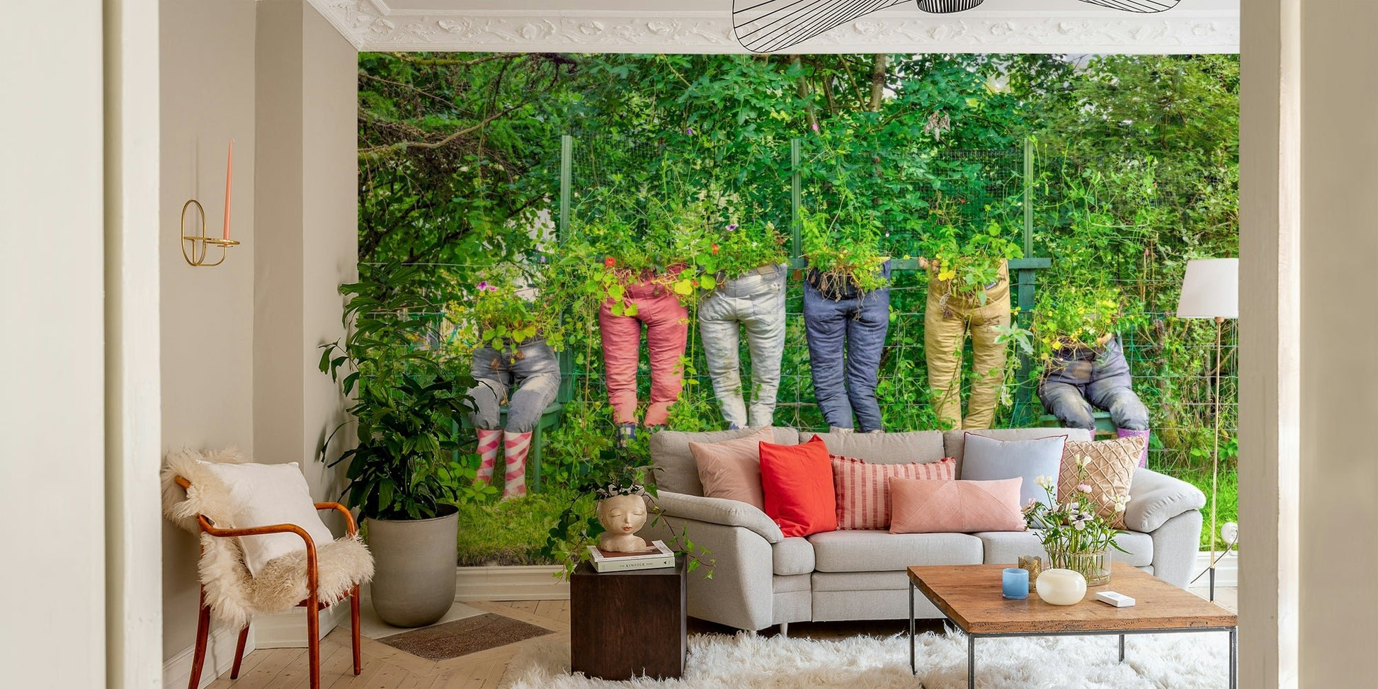 Green garden pants wall mural with botanical beauty

