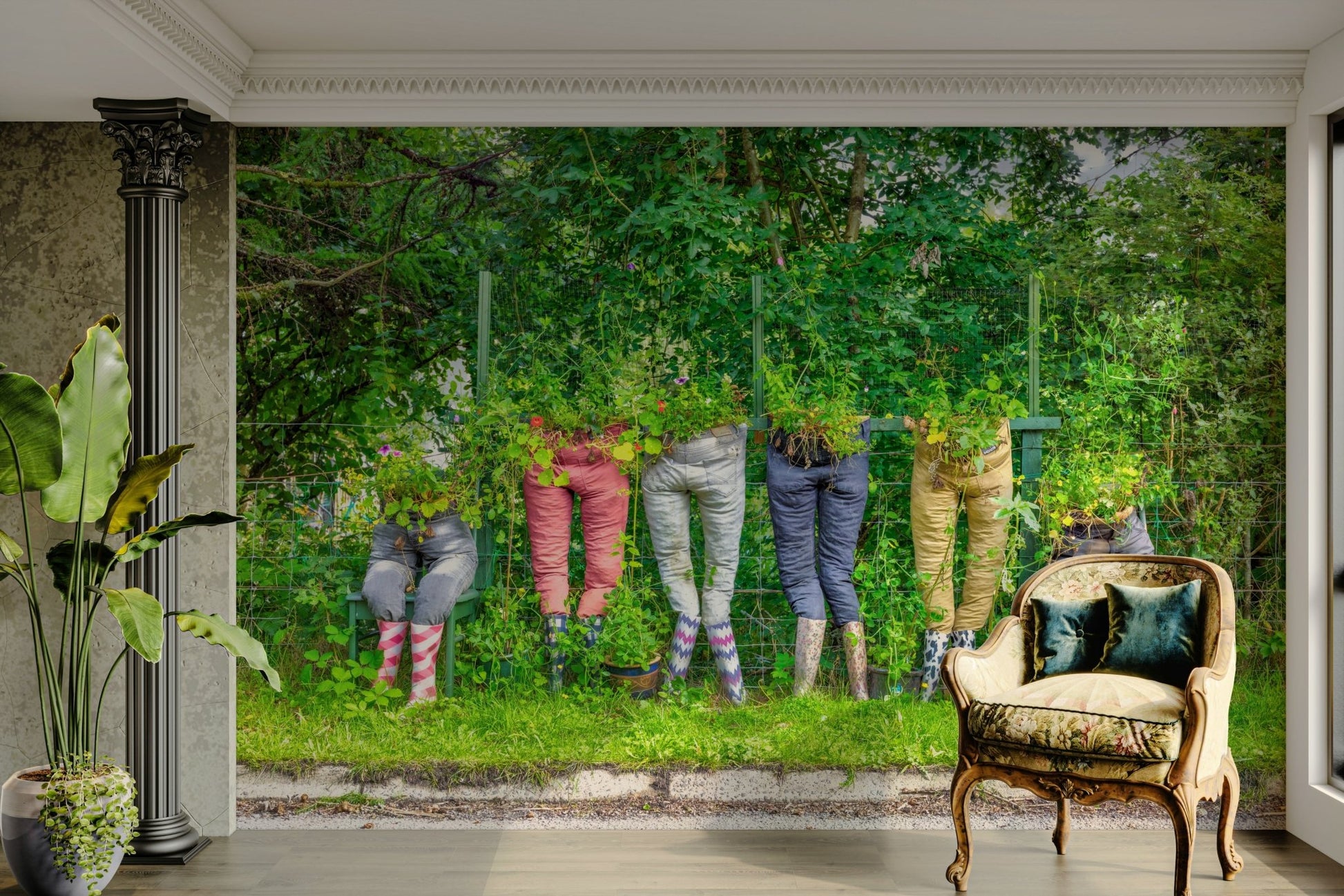 Vibrant plant designs in garden pants mural for decor

