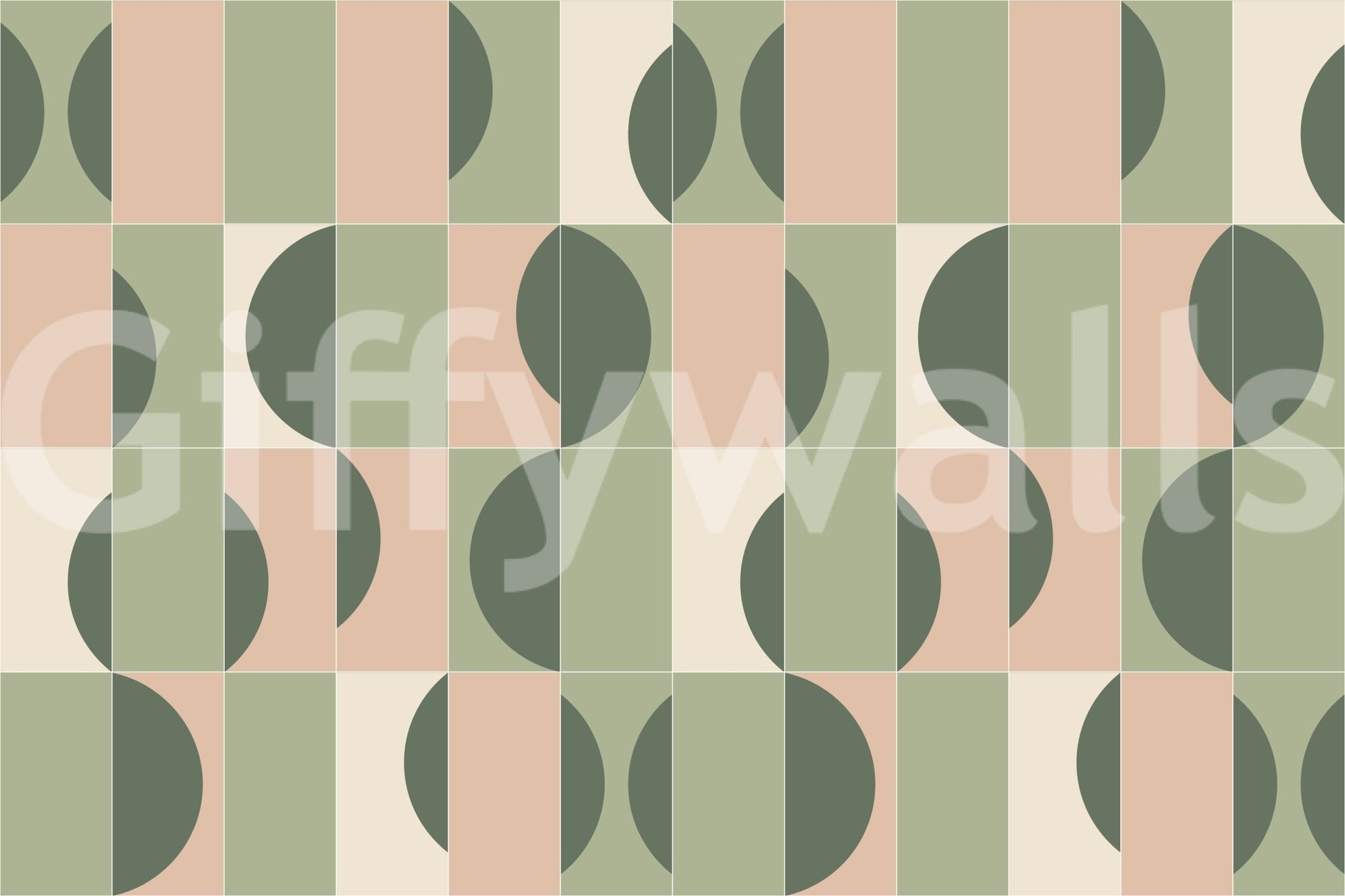 Garden Tiles 02 wallpaper mural close-up showing sage green, blush and cream half-circle and square tile pattern