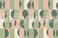 Garden Tiles 02 wallpaper mural close-up showing sage green, blush and cream half-circle and square tile pattern