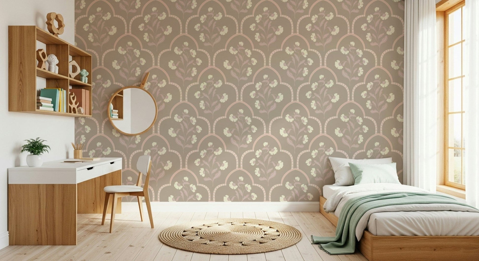Scalloped wall mural, repeating blooms, soft color palette, charming, Garden Trellis.