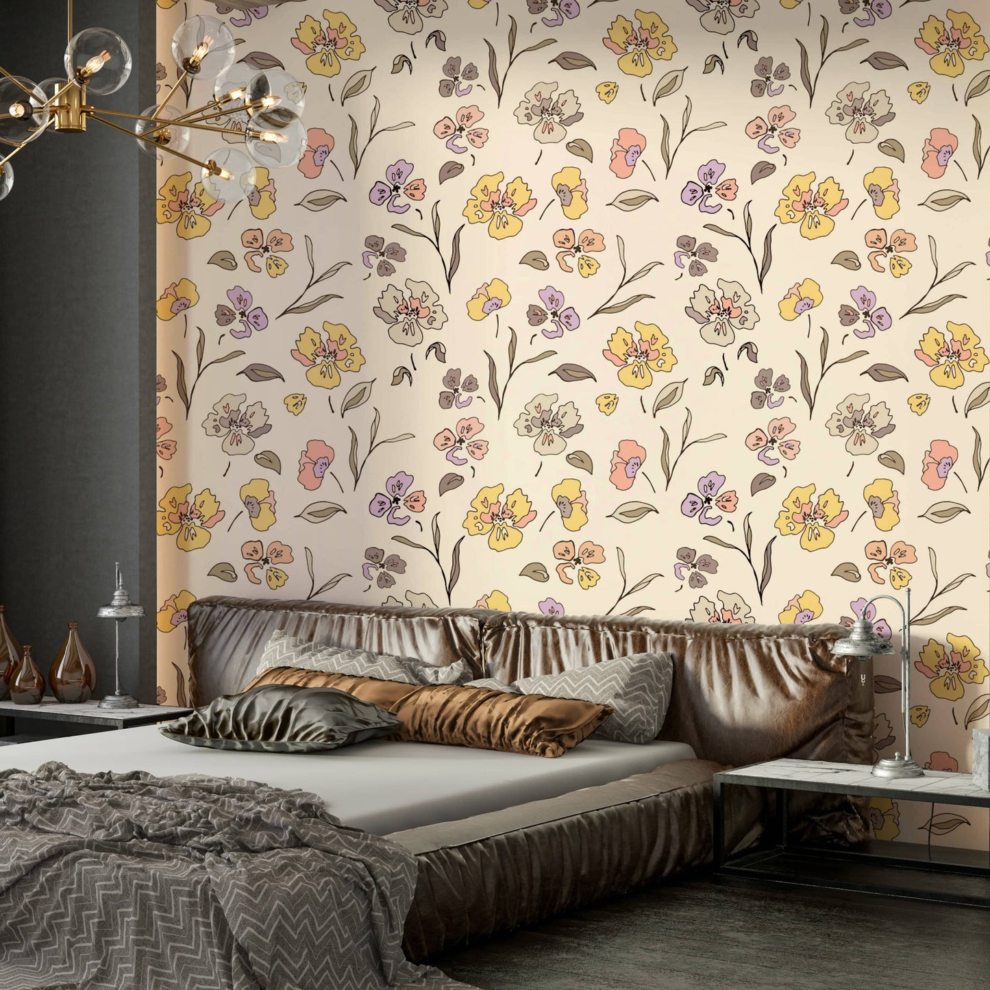 Pastel violet and pink bloom wallpaper for bedroom.
