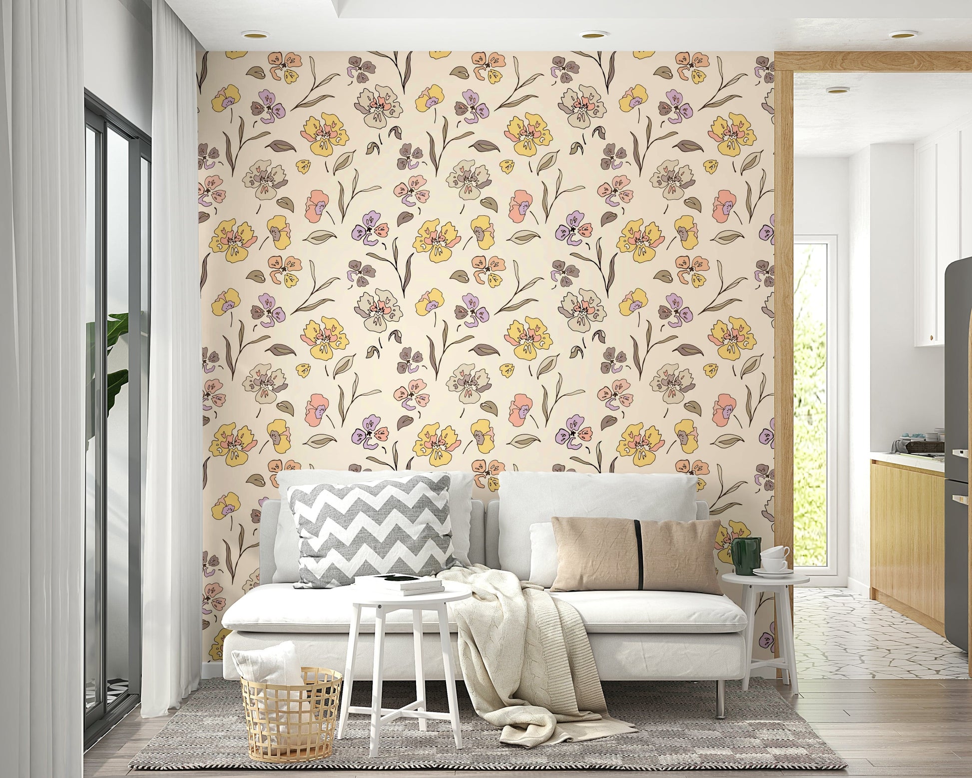 Soft garden print wallpaper with purple accents.
