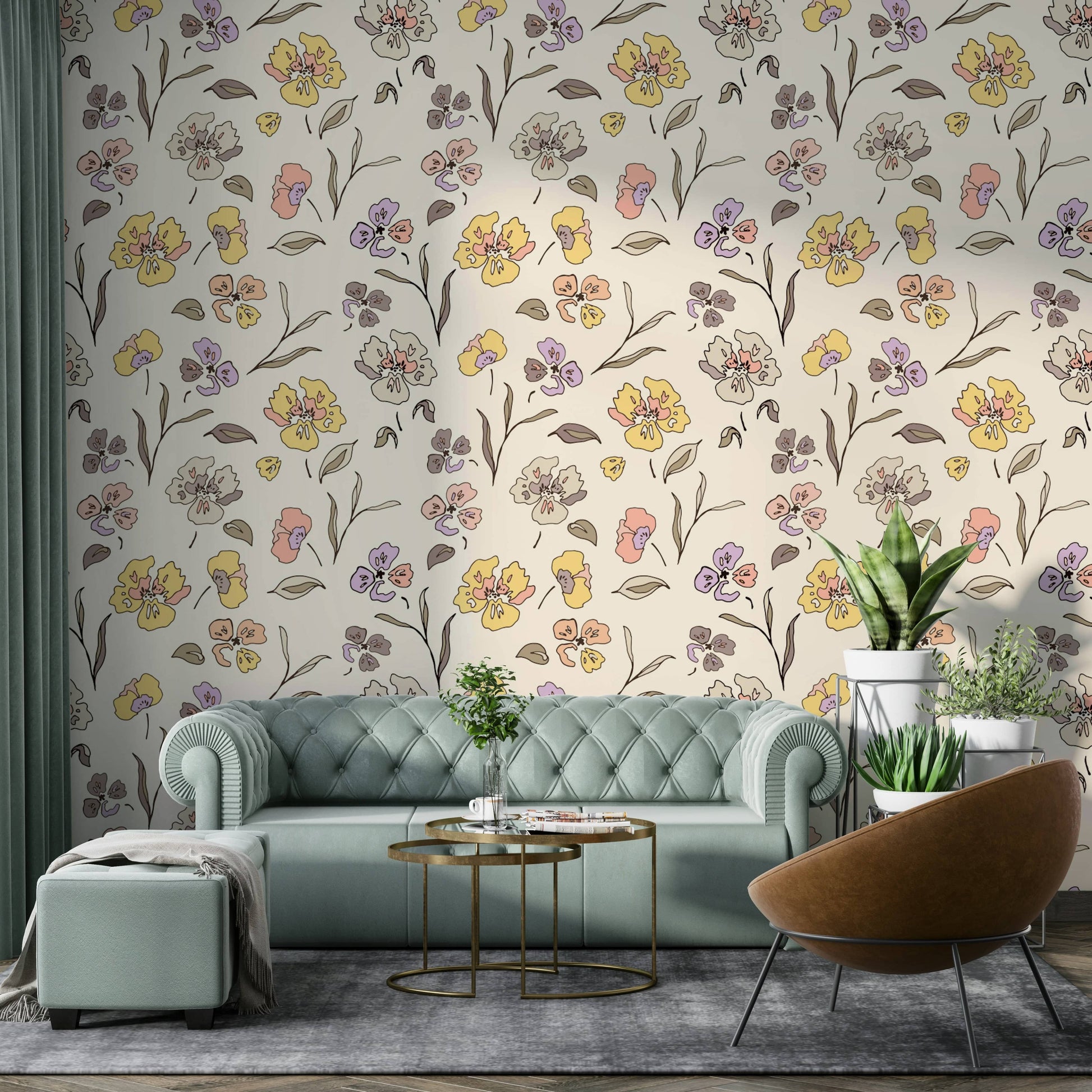 Delicate botanical pattern wallpaper on cream.
