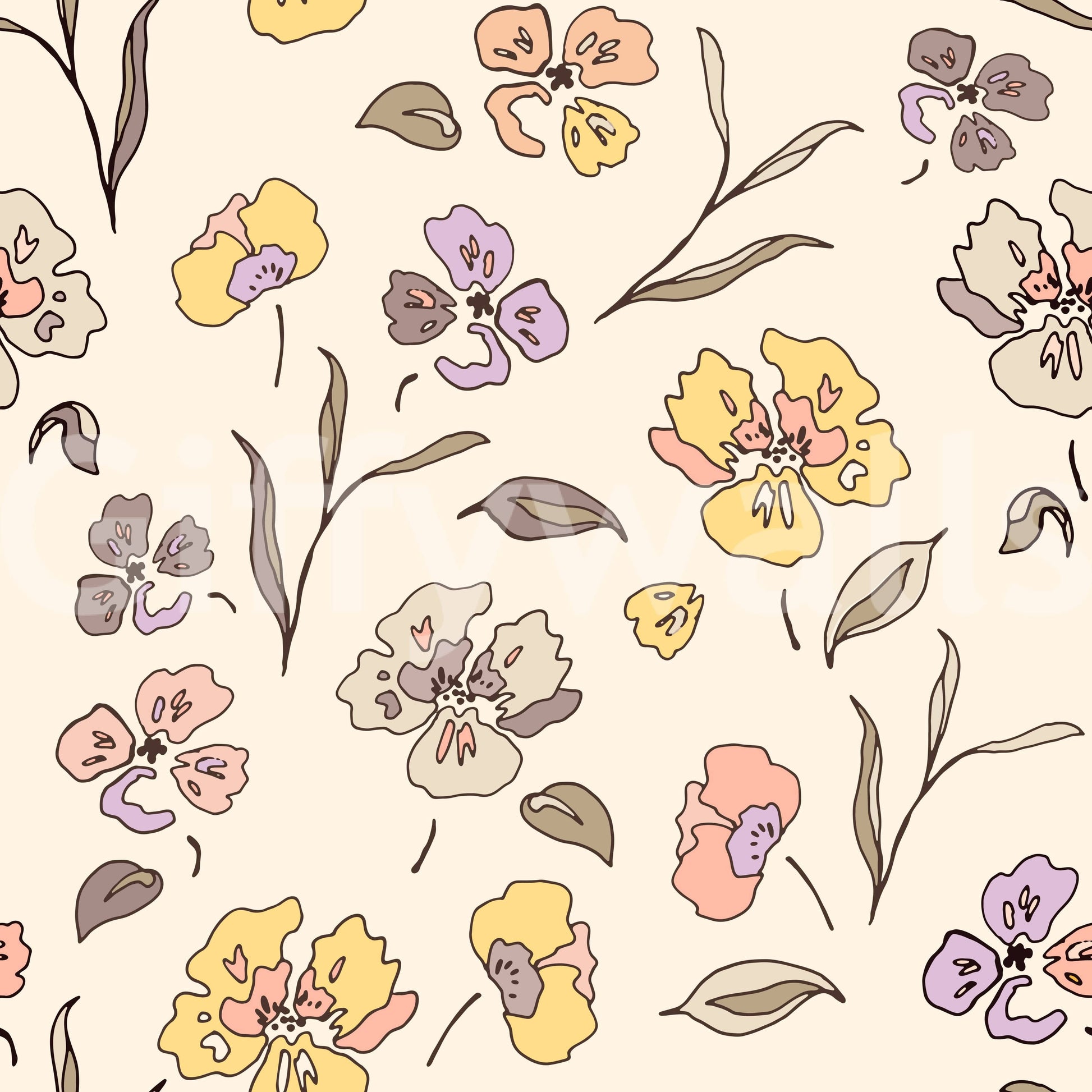 Warm beige wallpaper with colorful flower sketches.
