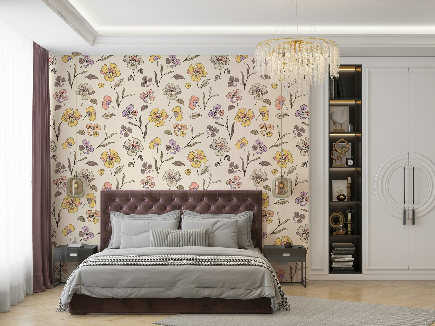 Whimsical yellow pansy wallpaper for bedroom walls
