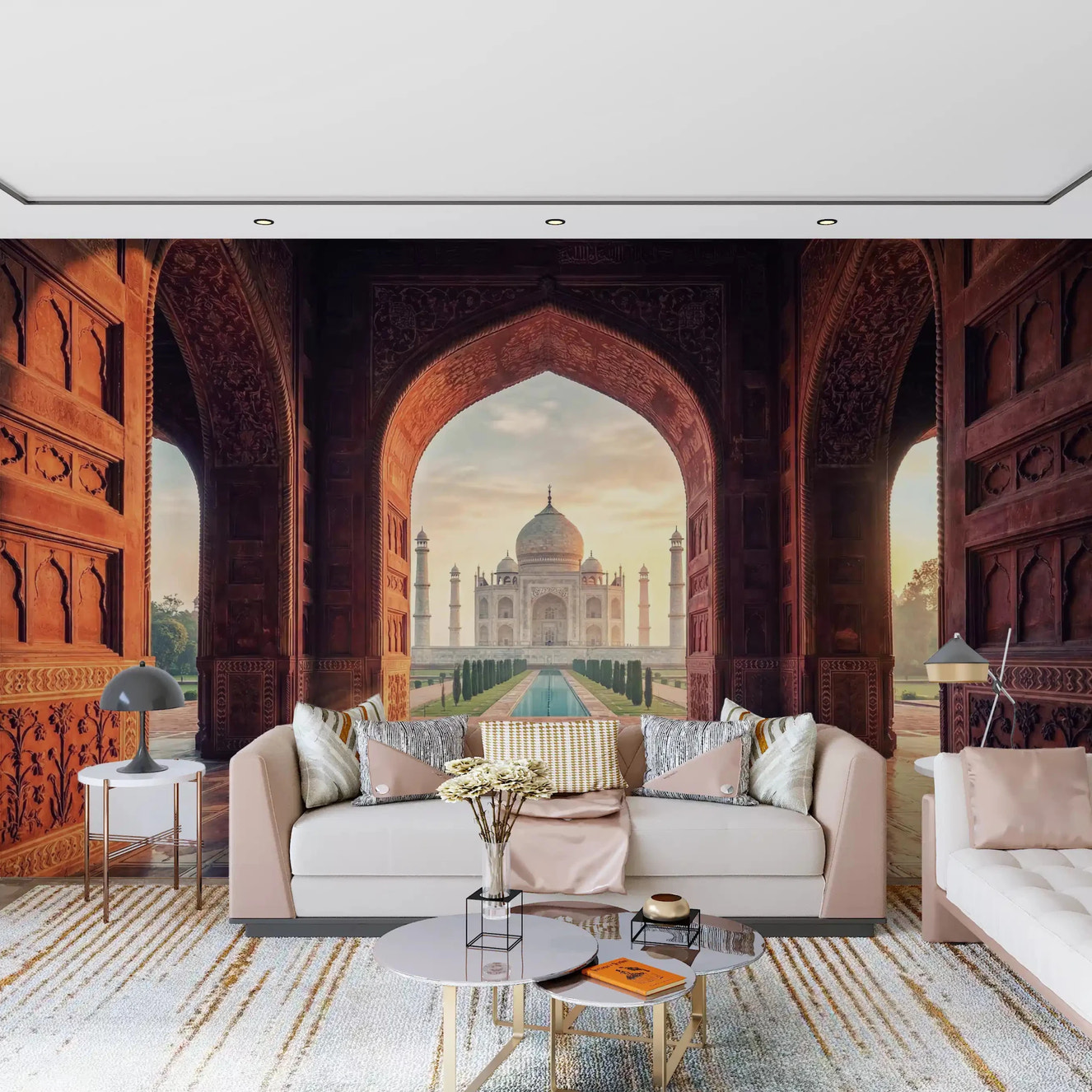Gateway to Grandeur wall mural with Taj Mahal arch view in living room