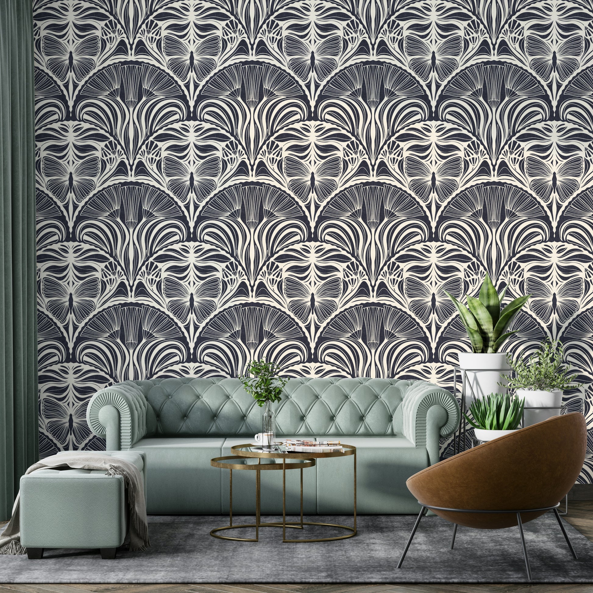 Decorative wallcovering with Art Deco fan pattern

