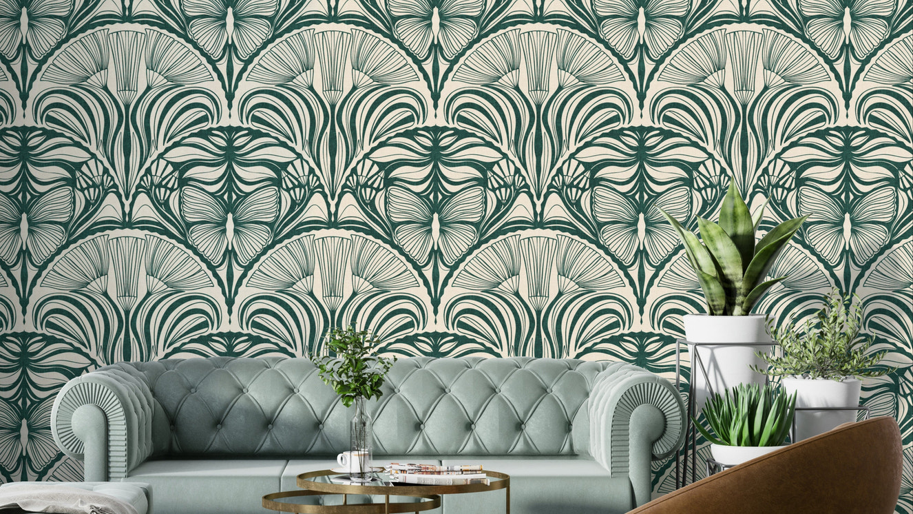 1920s-style green wallpaper with luxe detailing

