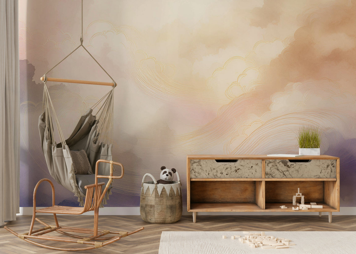 Modern clouds wallpaper in a bright and airy dining space.