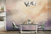 Soft watercolor clouds wall decor for a modern master suite.