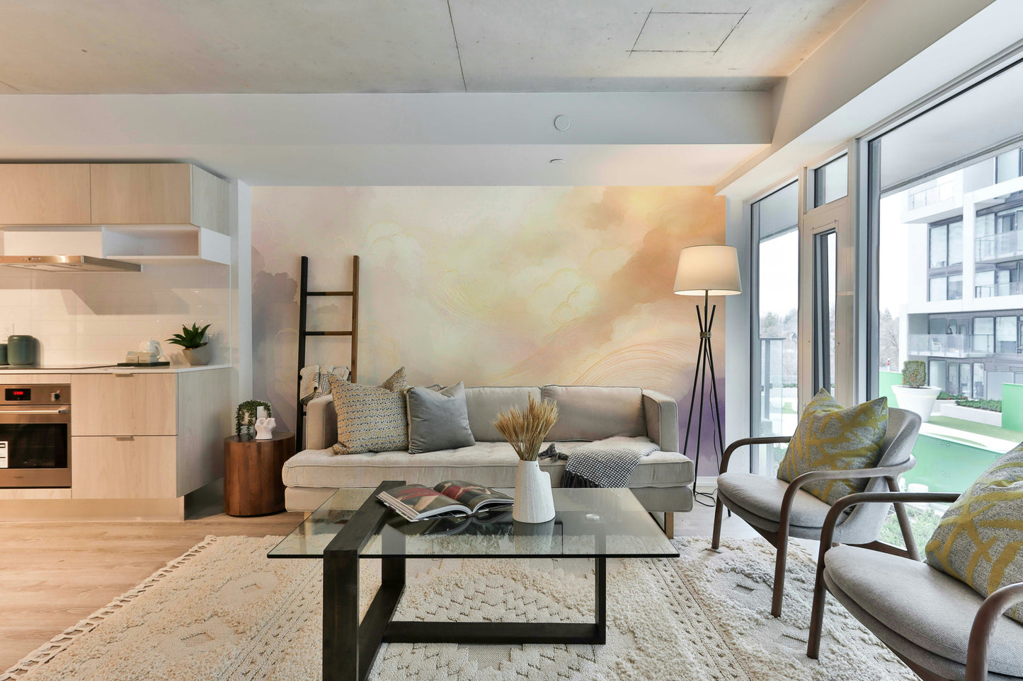 Minimalist sky mural with blue and white color tones in an apartment.