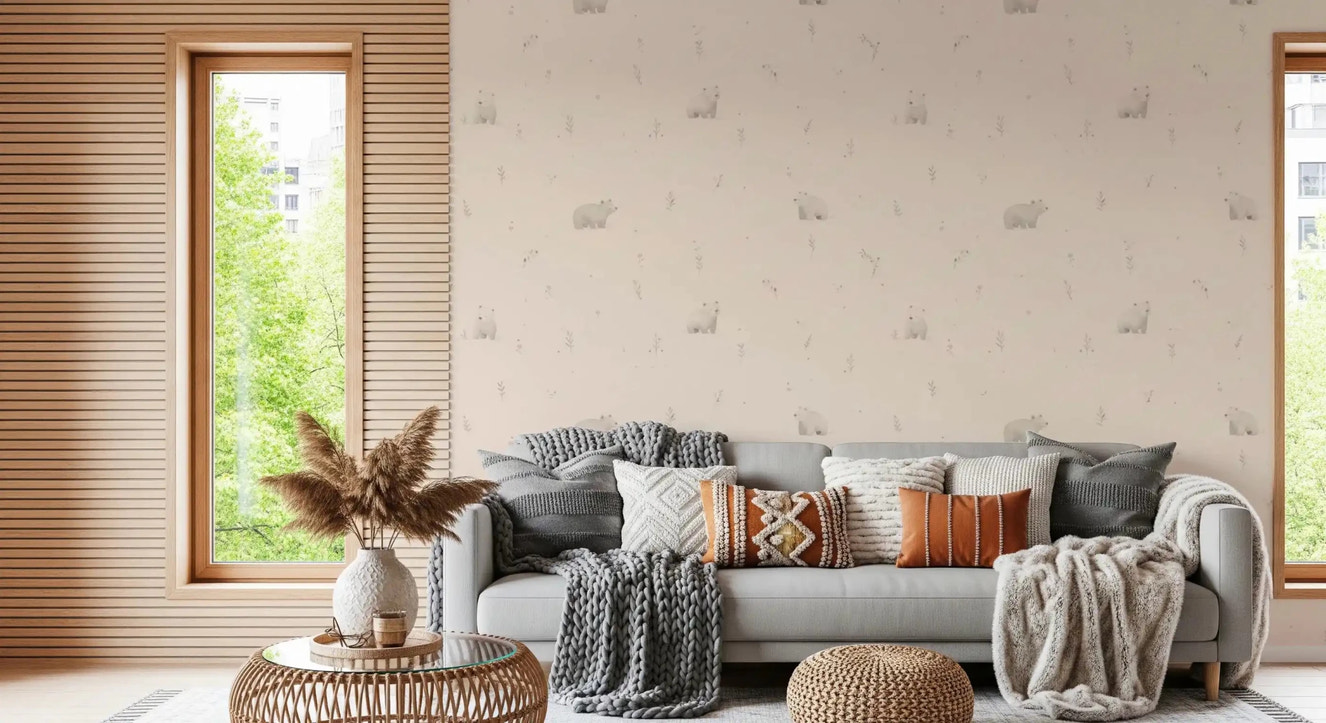 Living room with bear meadow wallpaper and delicate sprig details in warm neutrals