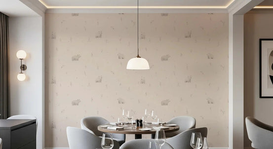 Dining room with gentle bear meadow wallpaper in soft beige and calm woodland tones