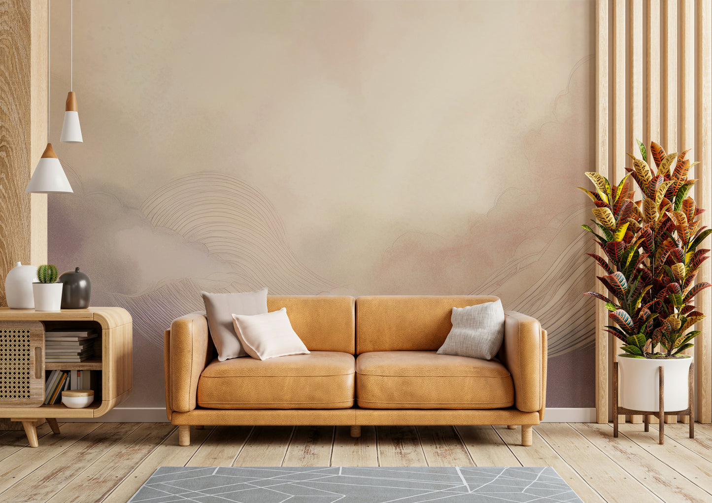 Dreamy blue and white cloud wallpaper for a peaceful nursery feature wall.