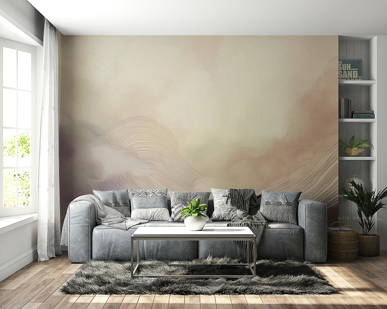 Gentle Cloud Drift Wall Mural in a soft, modern living room with white furniture.