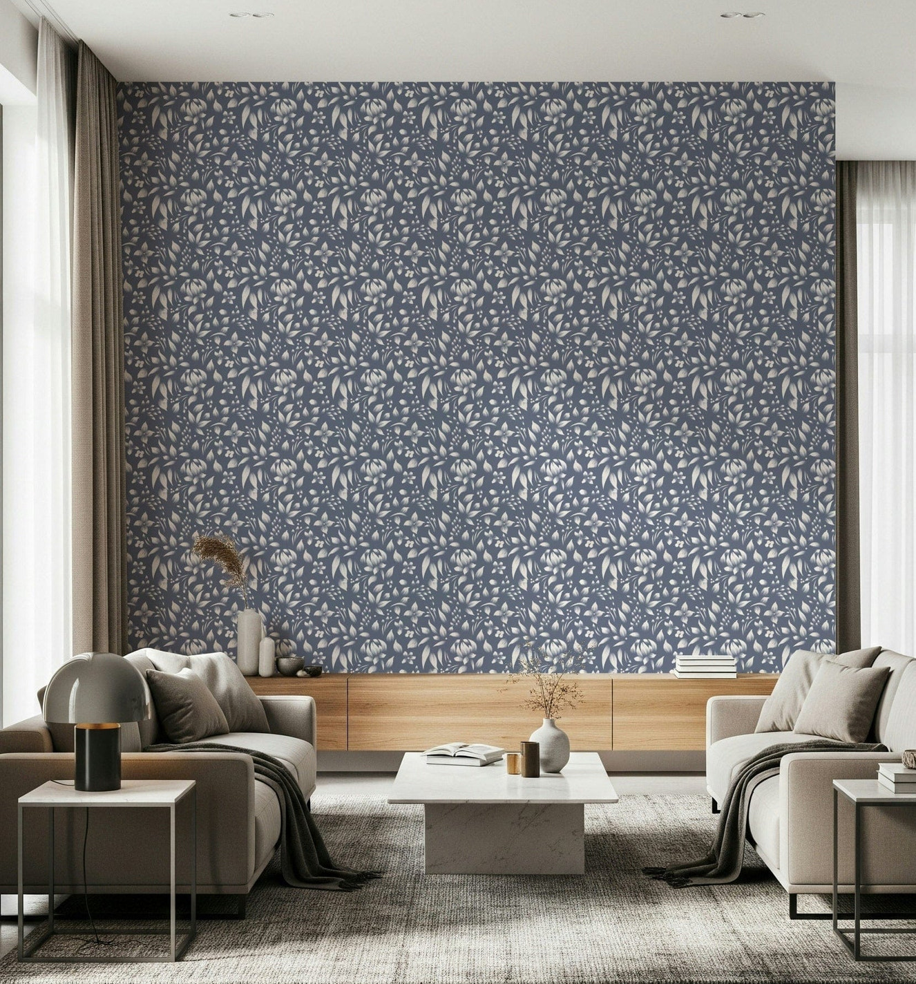 Minimalist foliage wallpaper with softly textured leaves on a muted backdrop.