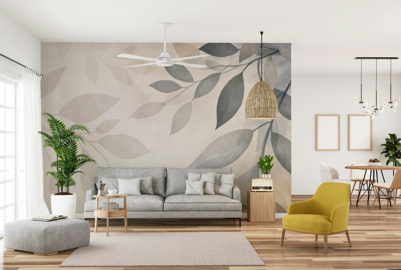 Gentle Leaf Whispers Beige Grey Wall Mural

