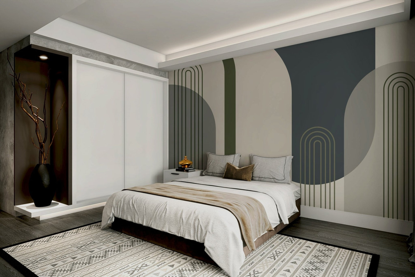 A wall mural of a geometric arches pattern.

