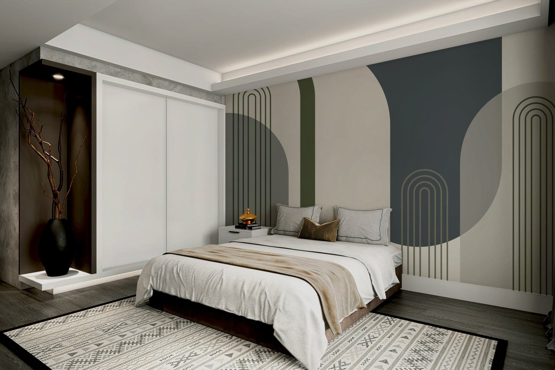 A wall mural of a geometric arches pattern.

