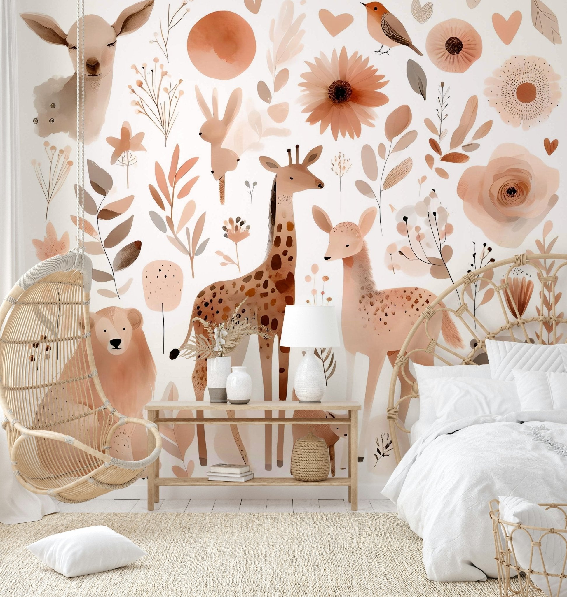 Wild animals amidst greenery in Gentle Wild Haven wall mural.

