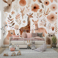 Nature-inspired wildlife mural with deer, rabbits, and birds.

