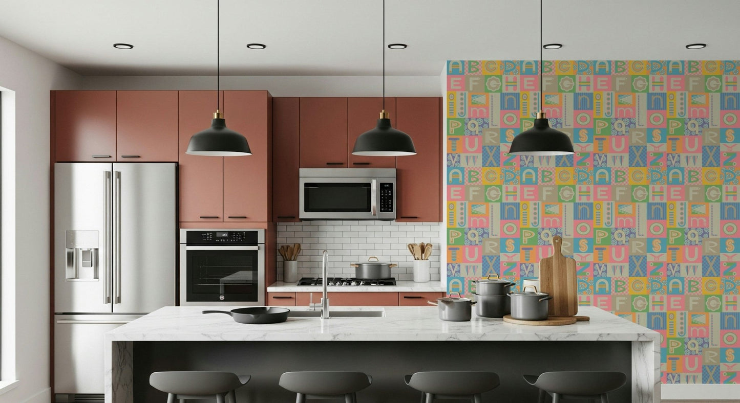 Modern graphic alphabet on ABCs Pastel Geometric Wallpaper accent wall.