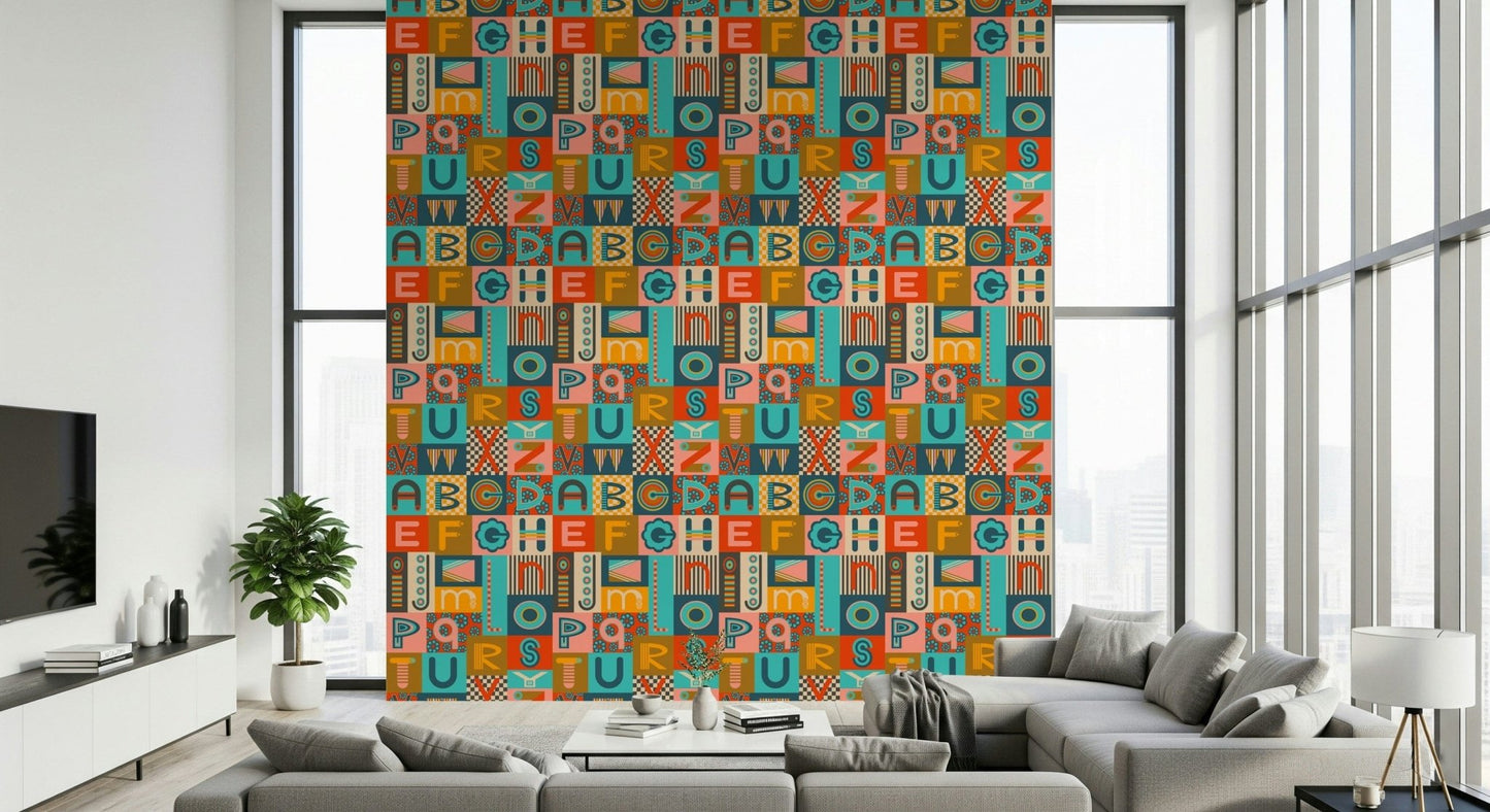 Geometric ABCs Retro Alphabet wallpaper jumbled graphic letters Postmodern colors.