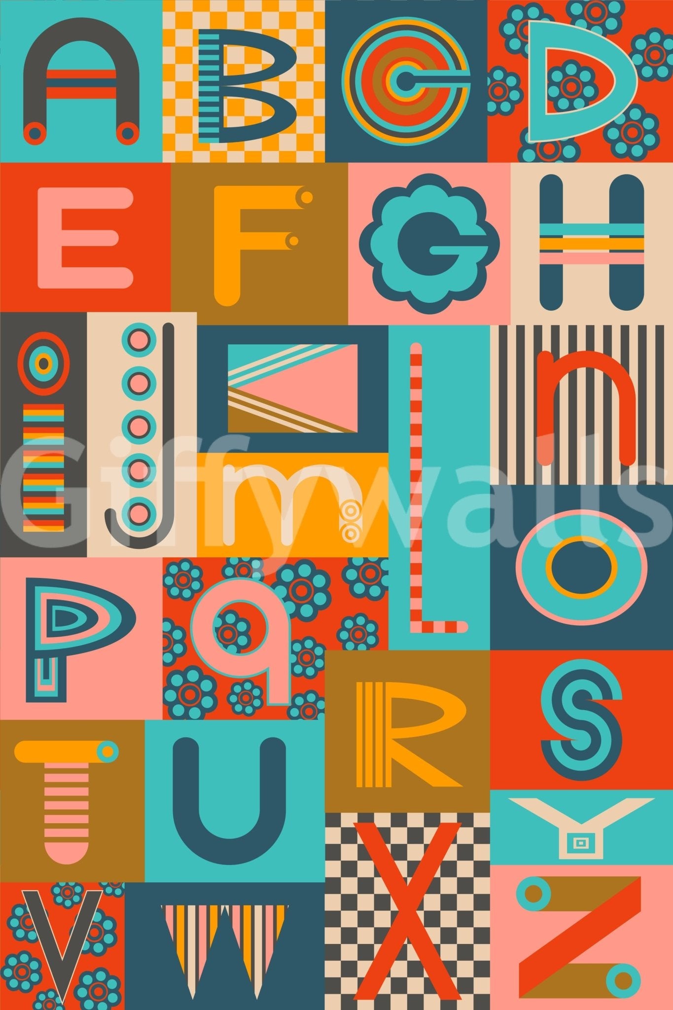 Retro Geometric Alphabet wall mural distinctive graphic print superb wall covering neat.