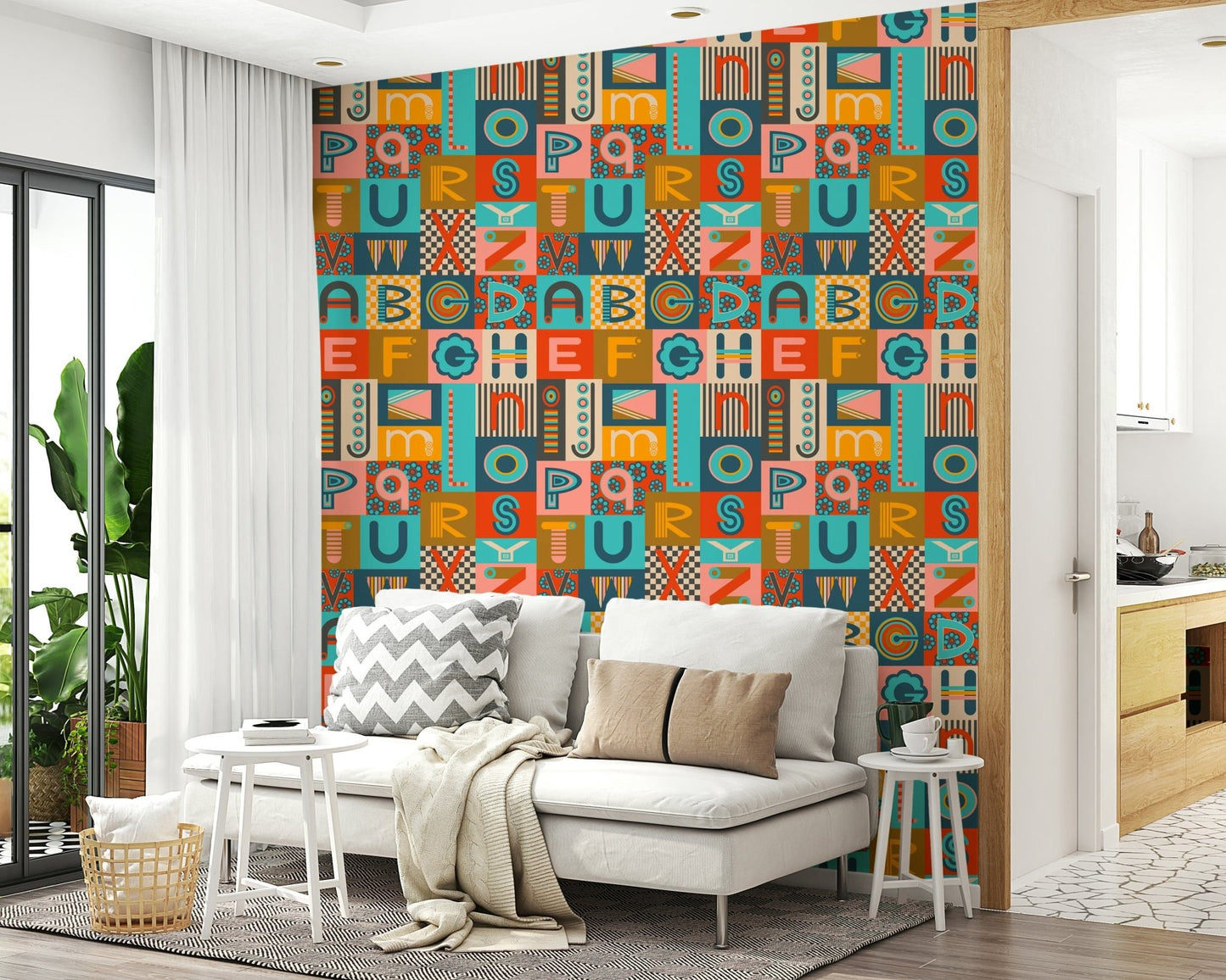 Graphic Lettering Postmodern wallpaper geometric alphabet groovy pattern kids’ decor lively.