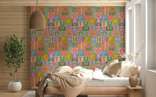 Vintage 1950s Colors Graphic Lettering wall mural playful blocks whimsical shapes.